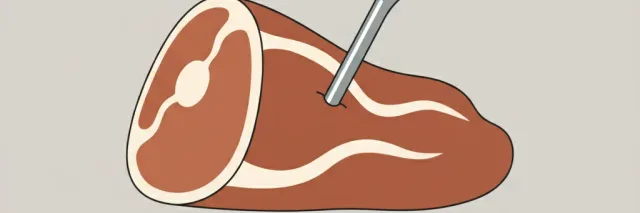 A meat thermometer inserted into a cut of meat on a plain background, flat vector illustration.