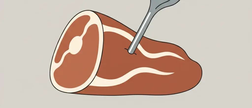 A meat thermometer inserted into a cut of meat on a plain background, flat vector illustration.