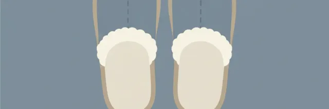 A single pair of neatly arranged slippers rendered as a flat vector shape in muted grey-blue and off-white tones, centered on a calm empty background.
