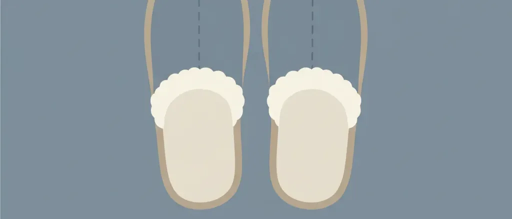 A single pair of neatly arranged slippers rendered as a flat vector shape in muted grey-blue and off-white tones, centered on a calm empty background.