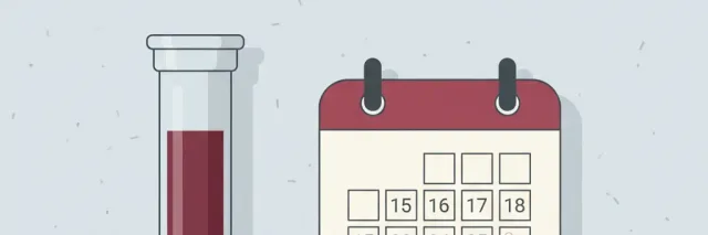 A single blood collection tube standing beside a small unmarked calendar, flat vector illustration on pale background.