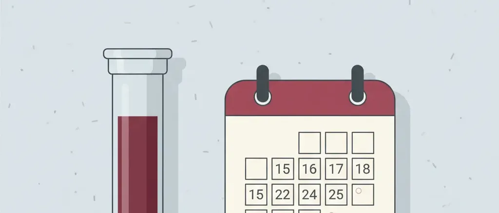 A single blood collection tube standing beside a small unmarked calendar, flat vector illustration on pale background.