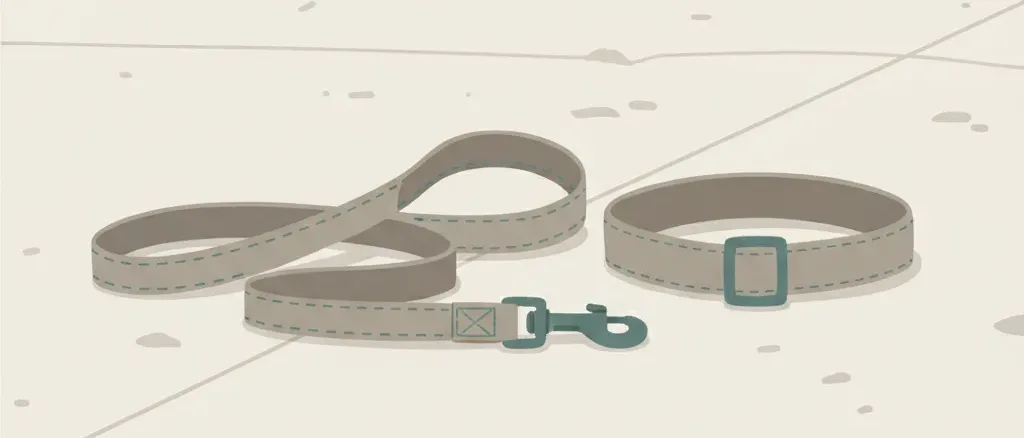 An empty dog leash lying on a sidewalk, flat vector illustration in muted tones.