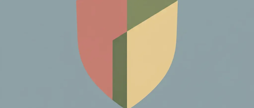 A single abstract geometric shield shape in muted tones on a pale background, flat vector illustration.