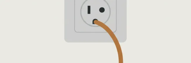 A flat vector illustration of a wall outlet with a loose wire beside it, rendered in muted tones against a pale background.