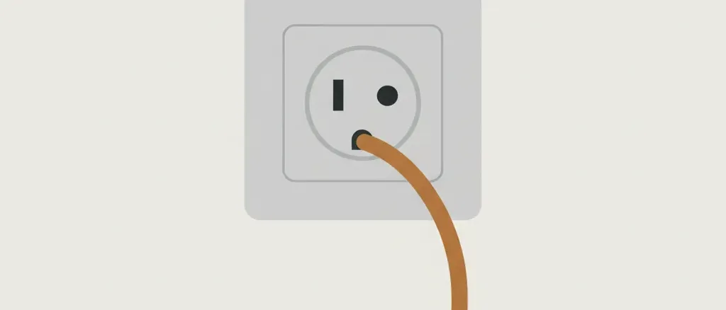 A flat vector illustration of a wall outlet with a loose wire beside it, rendered in muted tones against a pale background.