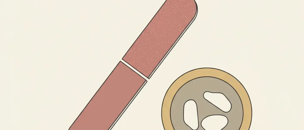 A stylized nail file and small bowl rendered in muted rose and grey tones, flat vector illustration.