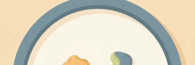 A small high chair tray with a few soft food pieces arranged on it, seen from above, flat vector illustration in muted tones.