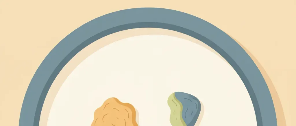 A small high chair tray with a few soft food pieces arranged on it, seen from above, flat vector illustration in muted tones.