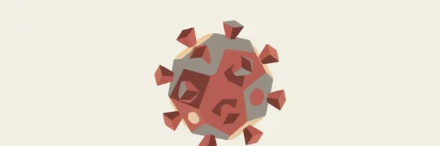 A single measles virus particle rendered in flat vector style against a plain background, muted red and grey tones.