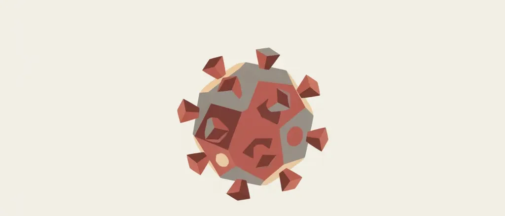 A single measles virus particle rendered in flat vector style against a plain background, muted red and grey tones.