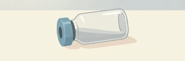 A single small glass vial resting on a pale neutral surface, flat vector illustration in muted greys and soft blue.