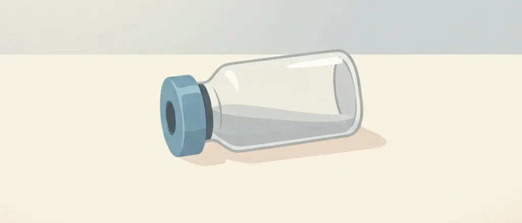 A single small glass vial resting on a pale neutral surface, flat vector illustration in muted greys and soft blue.