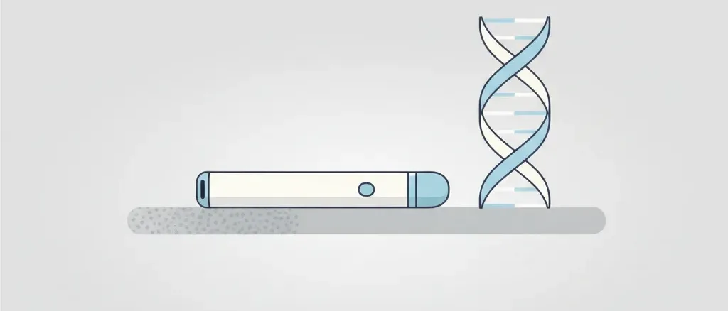 A vape device beside a small DNA-helix motif on a neutral surface, flat vector illustration in muted tones.