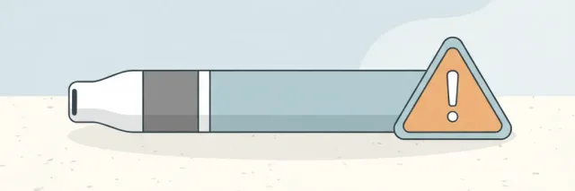 A flat vector illustration of a small vape device resting on a surface, warning symbol nearby.