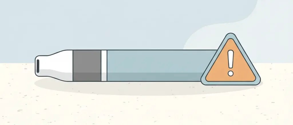 A flat vector illustration of a small vape device resting on a surface, warning symbol nearby.