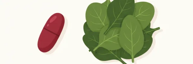 A single vitamin B12 supplement capsule next to a small pile of spinach leaves, flat vector illustration in muted green and red tones.