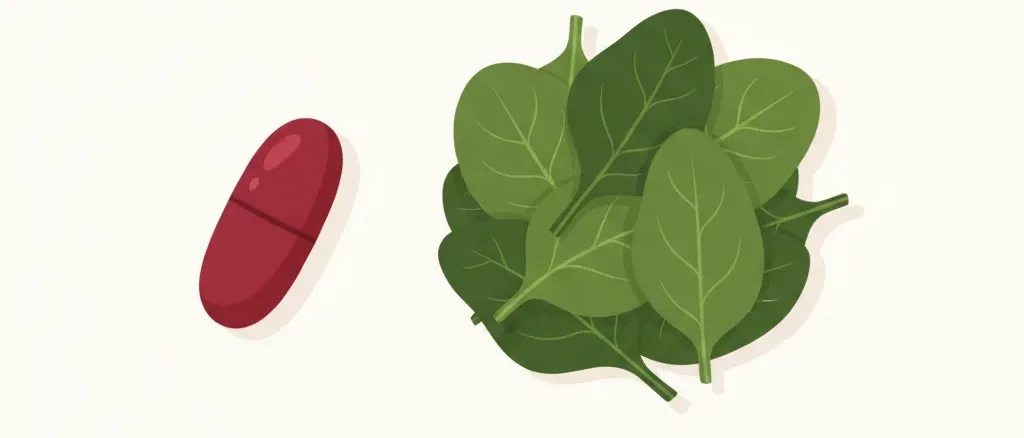 A single vitamin B12 supplement capsule next to a small pile of spinach leaves, flat vector illustration in muted green and red tones.
