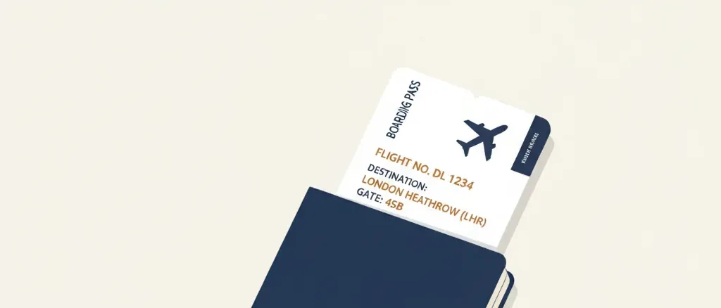 A passport and boarding pass resting on a plain surface, flat vector illustration in muted tones.
