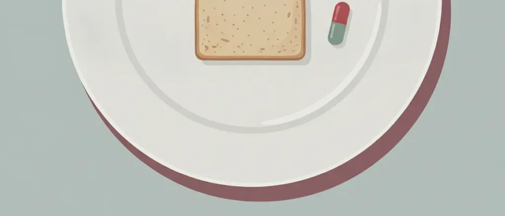 A single small capsule beside a slice of fortified bread on a plain plate, muted red and grey flat vector illustration.