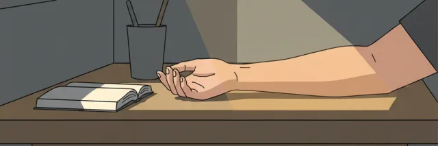 A single ray of sunlight passing through a window onto a bare forearm, flat vector illustration in muted gold and grey tones.