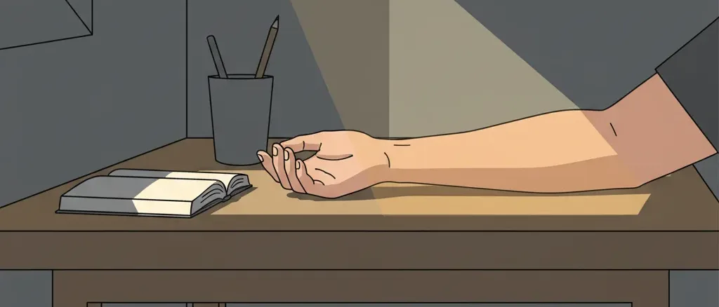 A single ray of sunlight passing through a window onto a bare forearm, flat vector illustration in muted gold and grey tones.