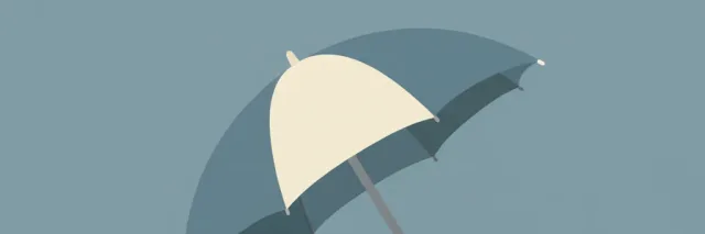 A single closed umbrella resting on its side, rendered as a flat vector shape in muted blue-grey and off-white tones, centered on a calm empty background.