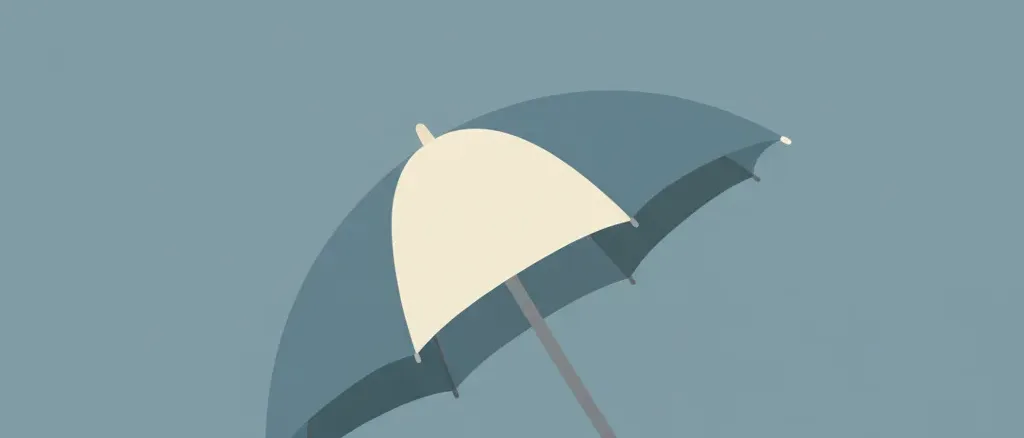 A single closed umbrella resting on its side, rendered as a flat vector shape in muted blue-grey and off-white tones, centered on a calm empty background.