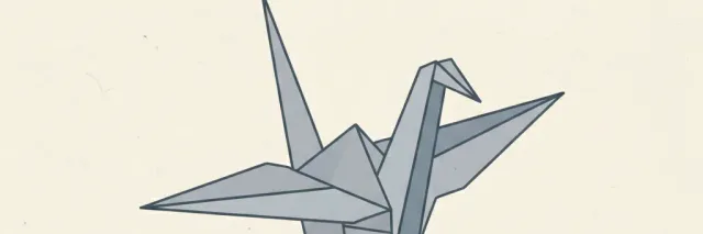 A single folded paper crane in muted grey against a pale background, flat vector illustration.