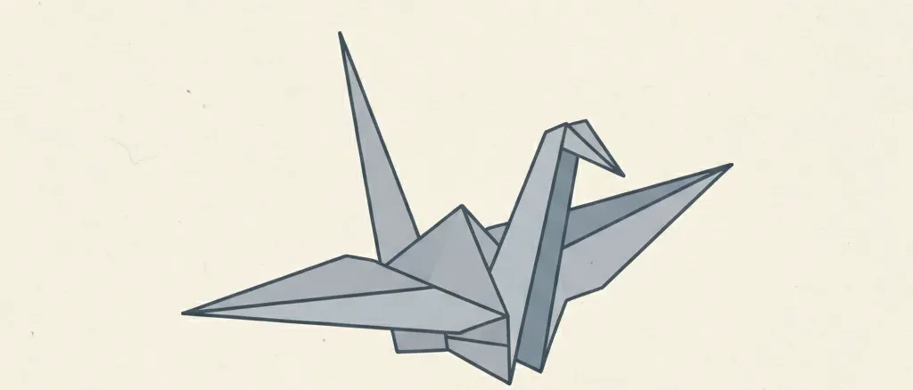A single folded paper crane in muted grey against a pale background, flat vector illustration.