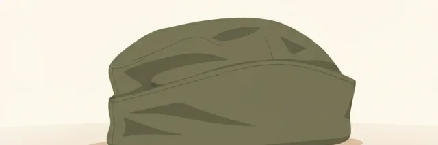 A single folded military-style cap resting on a pale neutral surface, flat vector illustration in muted olive and sand tones.