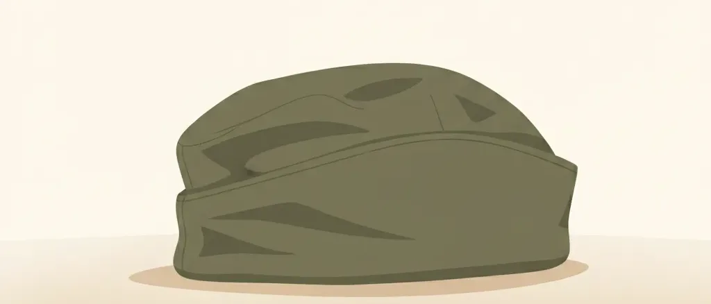 A single folded military-style cap resting on a pale neutral surface, flat vector illustration in muted olive and sand tones.