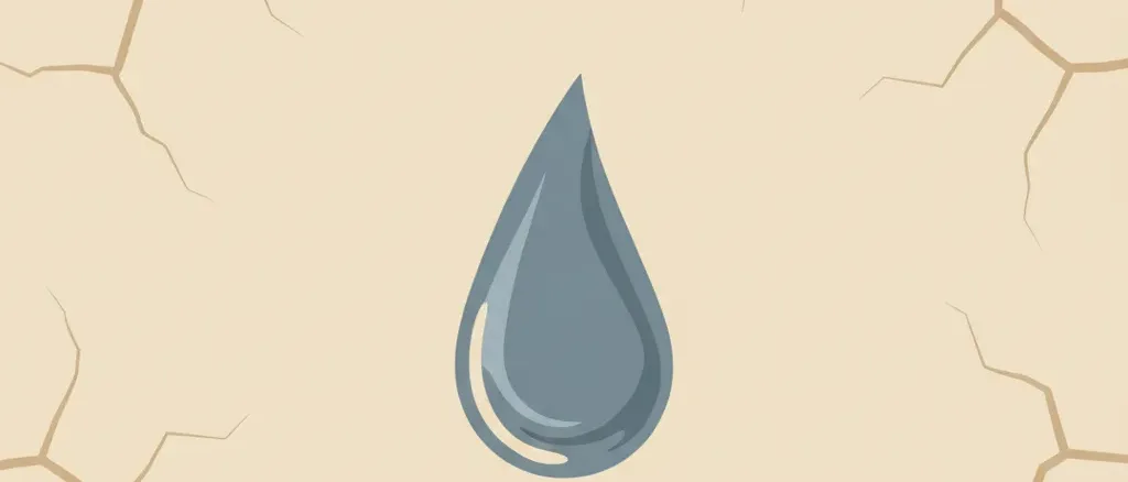 A single water droplet shape against a dry, cracked earth-toned background, flat vector illustration.