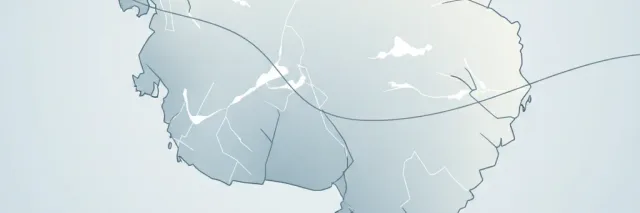A flat stylized representation of Antarctica as an ice-covered landmass from above, flat vector in pale blue and white tones.