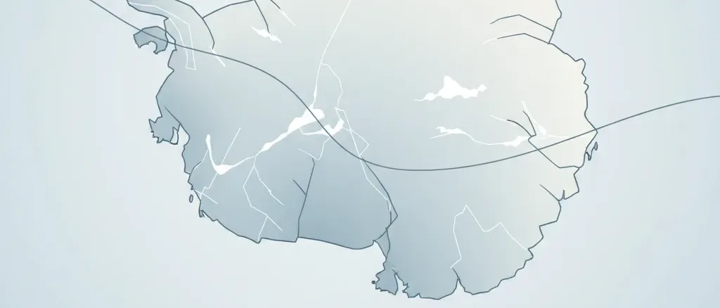 A flat stylized representation of Antarctica as an ice-covered landmass from above, flat vector in pale blue and white tones.
