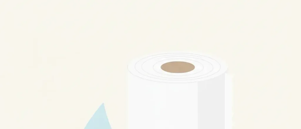 A roll of toilet paper next to a water droplet, flat vector illustration in muted cream and blue tones.