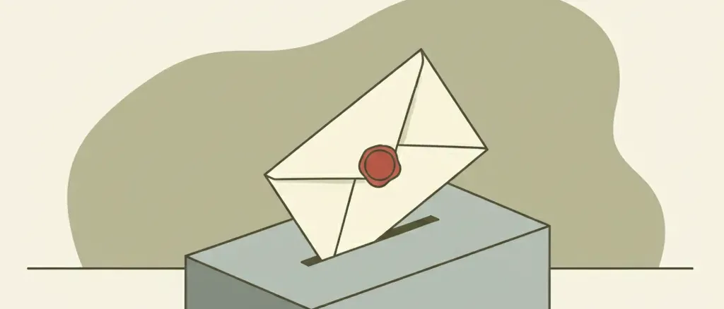 A sealed envelope in a corporate suggestion box casting a long shadow across an empty office desk