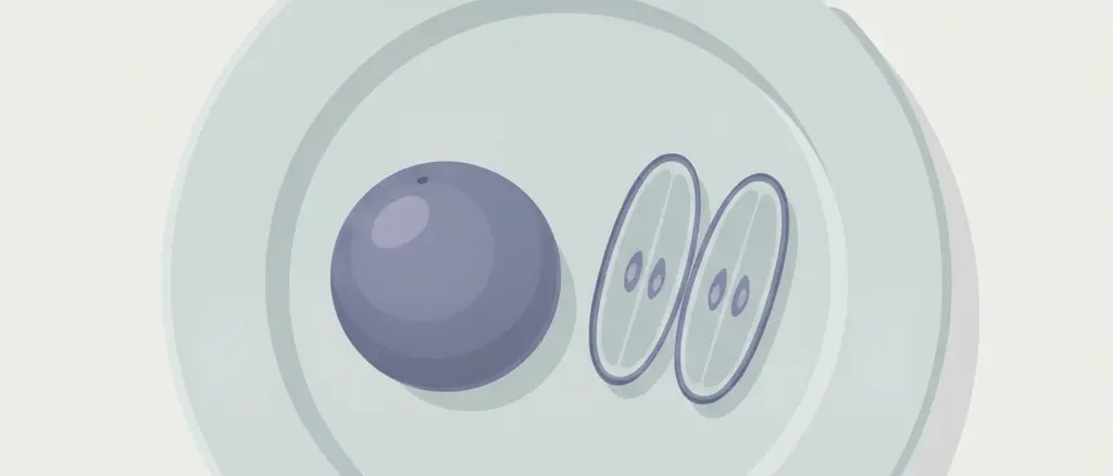 A single whole round grape beside two lengthwise-quartered grape pieces on a pale grey-blue plate, viewed from directly above, flat vector illustration.