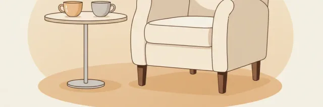 A flat vector illustration of a single empty chair at a small table, muted warm tones.