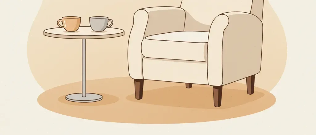 A flat vector illustration of a single empty chair at a small table, muted warm tones.