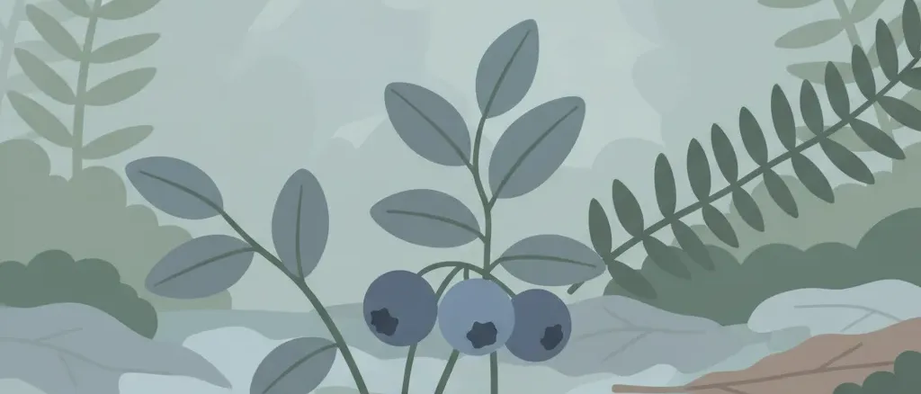 A cluster of wild blueberries on low-growing stems against a muted forest floor, flat vector illustration.