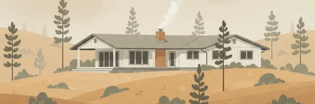 A house surrounded by dry hills and scattered trees, flat vector illustration in muted tones.