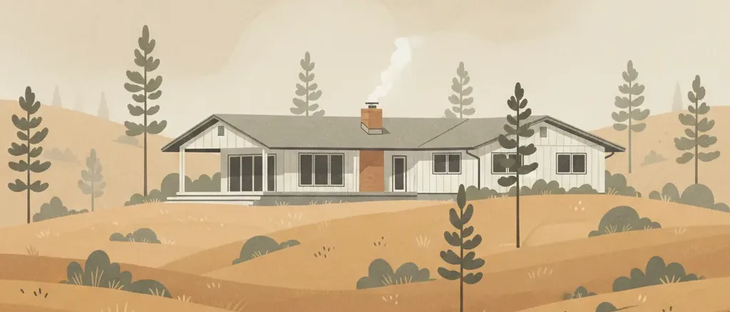 A house surrounded by dry hills and scattered trees, flat vector illustration in muted tones.