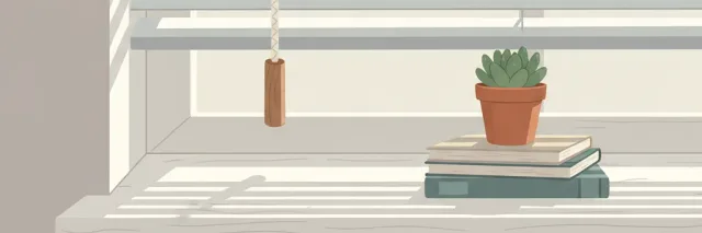 Venetian blinds with a dangling pull cord near a low windowsill, flat vector illustration in muted tones.