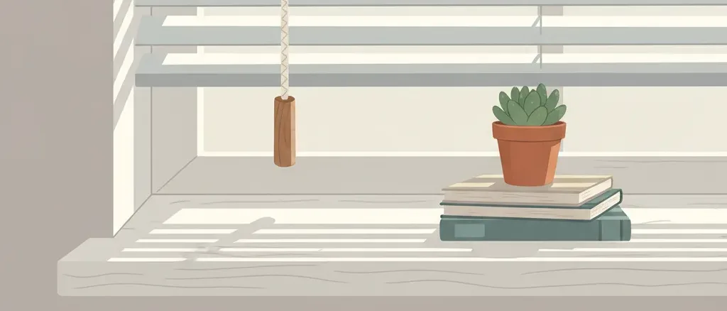 Venetian blinds with a dangling pull cord near a low windowsill, flat vector illustration in muted tones.