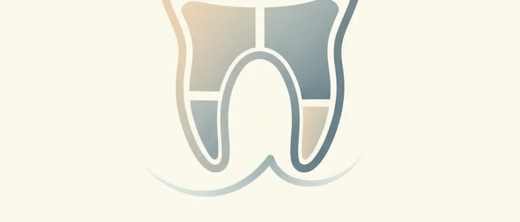 A flat vector illustration of a single stylized molar tooth outline with two roots, muted grey and warm tones, calm and abstract.