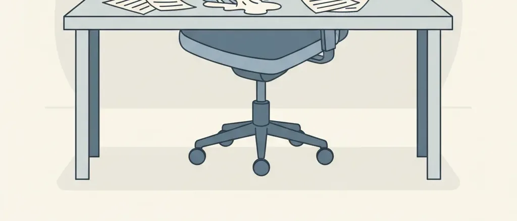 An office desk with an overturned coffee cup and scattered papers, flat vector illustration, muted tones, no people.