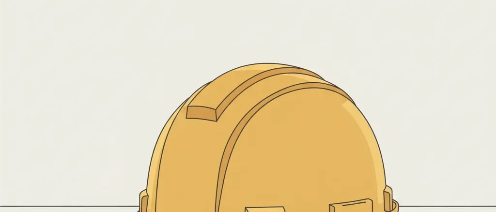 A simplified hard hat resting on a flat surface in muted tones, flat vector illustration.