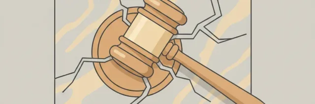 A single gavel resting on a cracked marble surface, flat vector illustration, muted tones.