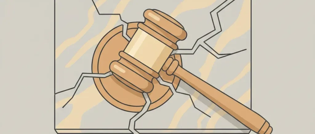 A single gavel resting on a cracked marble surface, flat vector illustration, muted tones.